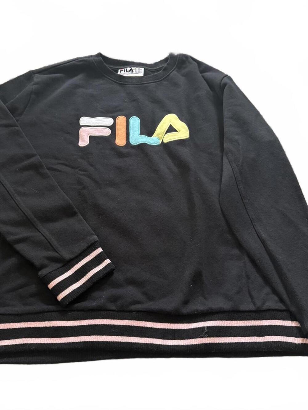 FILA Embroidered Logo Black Crewneck Sweatshirt XXL Pink Stripe Hem